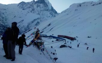 Stunning mountain landscape view of Machhapuchhre Base Camp trail during a clear morning hike