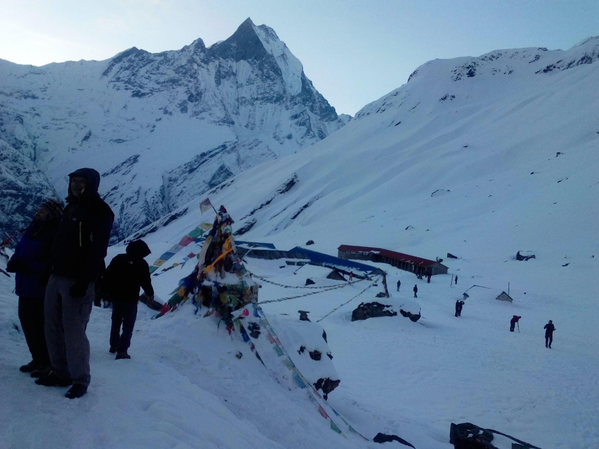 Stunning mountain landscape view of Machhapuchhre Base Camp trail during a clear morning hike